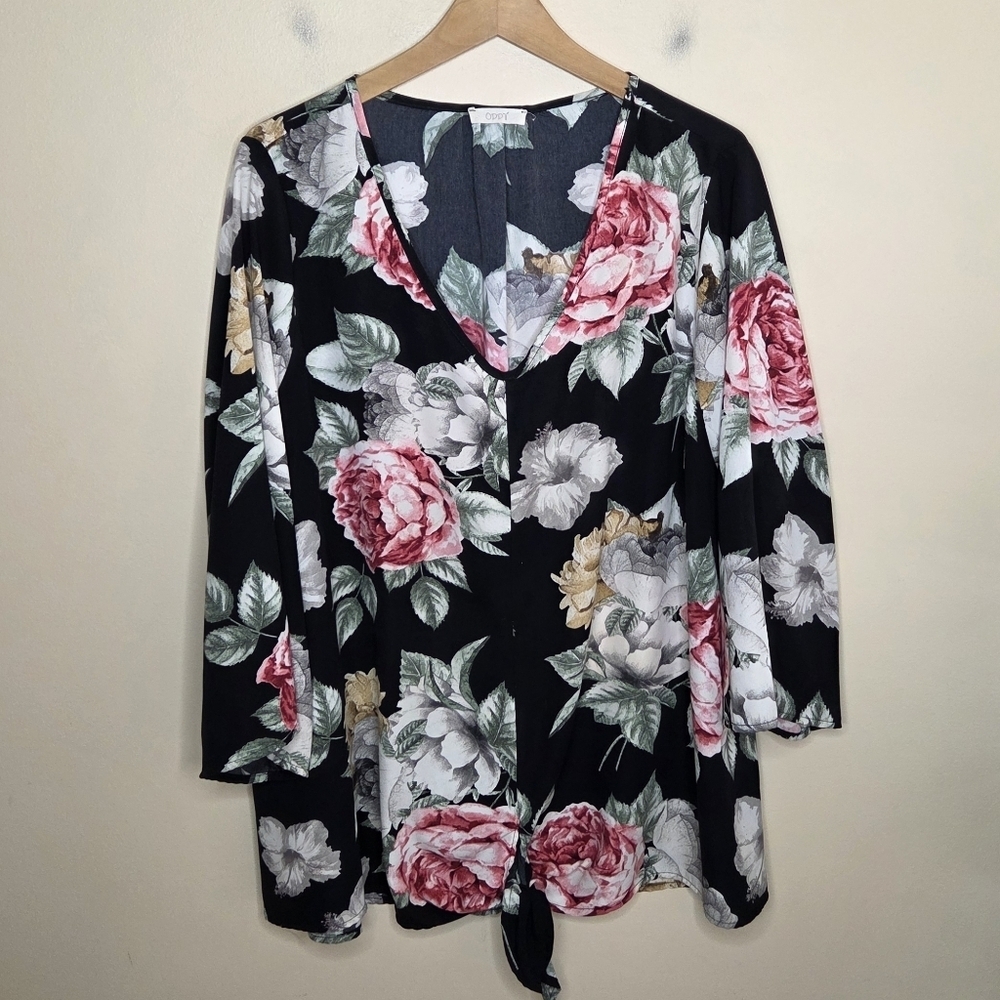 Oddy | Black Pink Rose Floral Tie Front V-neck Blouse Size 2X